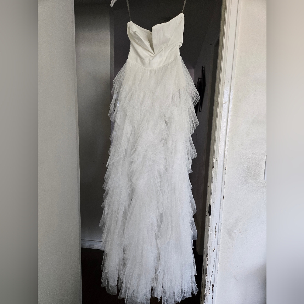 White Asymmetrical Ruffled Tiered Wedding Gown